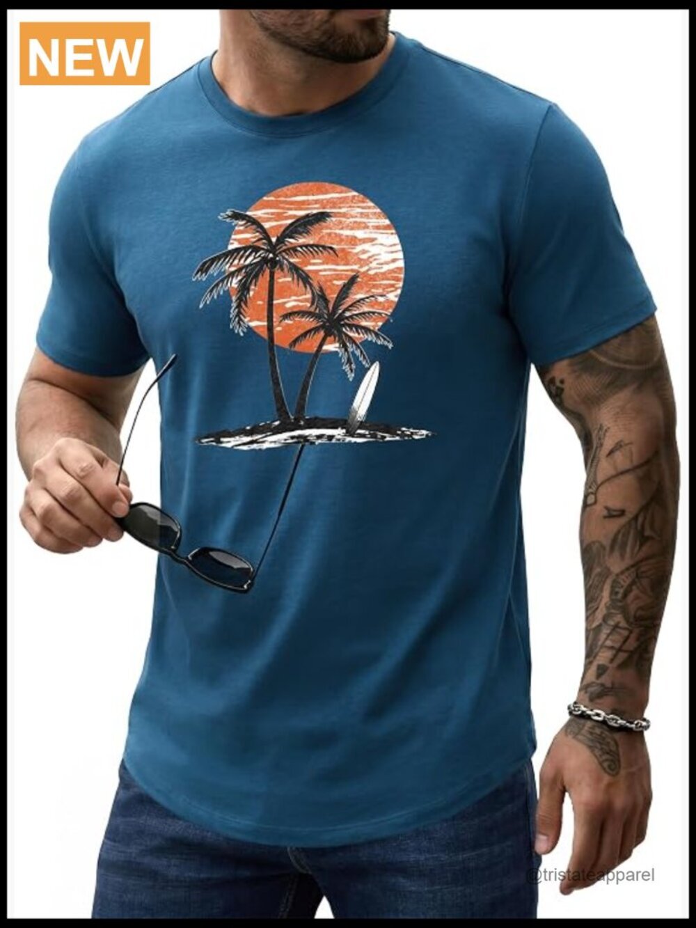 Graphic Crew Neck T-Shirt with Curved Hem, Summer Beach Vacation Top